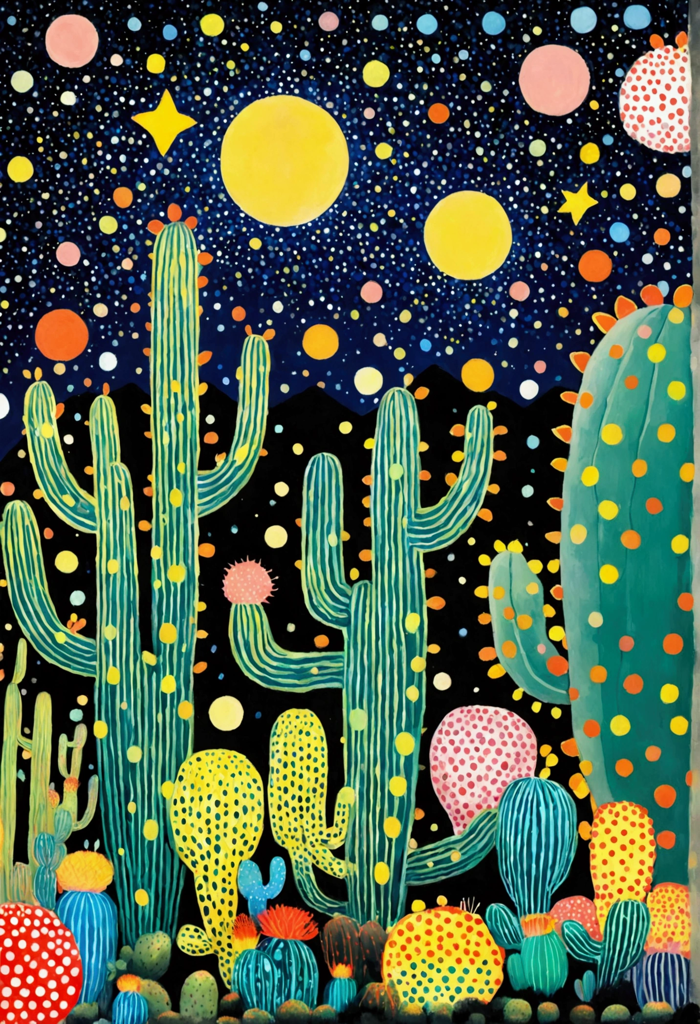 Blue starry sky、neon，cactus，firefly、Eye、Dreamy colors，Illustration style（Artists can refer to Yayoi Kusama）