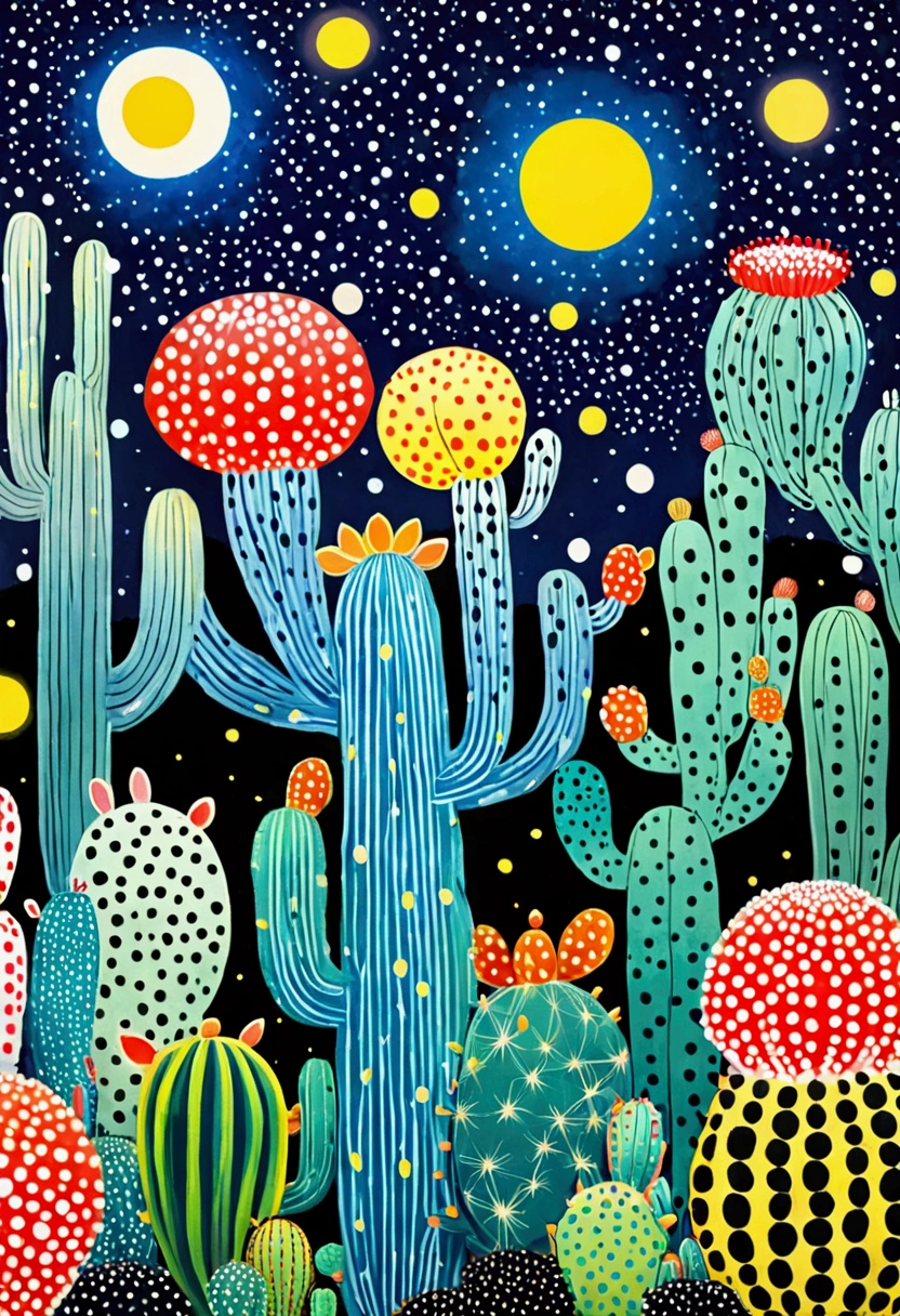 Blue starry sky、neon，cactus，firefly、Eye、Dreamy colors，Illustration style（Artists can refer to Yayoi Kusama）