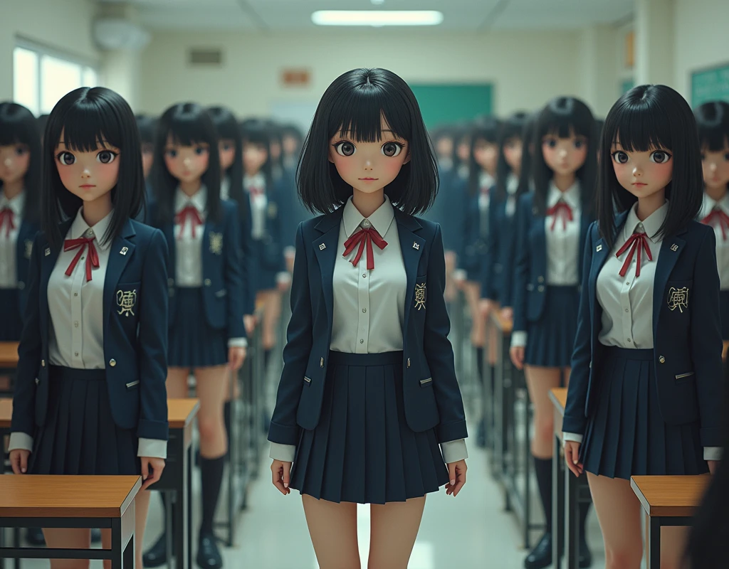 (Japanese Clone-girls=Myself), (Super Best masterpiece Clone-girls Raw Photography Art), (16K, Highest quality, Ultra-high resolution, RAW Photos), (It's so unrealistic., With unparalleled depiction, With an unfathomable sight, An unprecedented and shocking worldview, Clone-girlsMassive proliferationの世界で, Ultra-realistic), (Japanese Girls, 16yo, Small face, Thick black hair, long hair, Dark Eyes, Mature face, かわいいsmile, Smiling face, A gentle gaze, Very pleasant look), (Very beautiful detailed girls, Accurate body structure, Accurate body movements, Very detailed body, (Super big breasts, Large bulge of ample breasts)), (Schoolgirl uniform, Short sleeve, mini skirt, Emphasise the fullness of your breasts), (Very detailed, Myself cloning, Depiction of splitting oneself, 1Myself girl→1,000,000,000,000,000,000,000,000,000,000Myself cloning girls), (Very detailed and intricate, ((Myself's body is multiplying, A perfectly matched depiction, (In the same female body,With the same face, With the same hairstyle, In the same clothes, At the same height, 同じSuper big breasts)), Massive proliferation)), (Myself girls only), Academy, academic level, Commemorative photo depiction, Tiered stage photography, smile, Front view