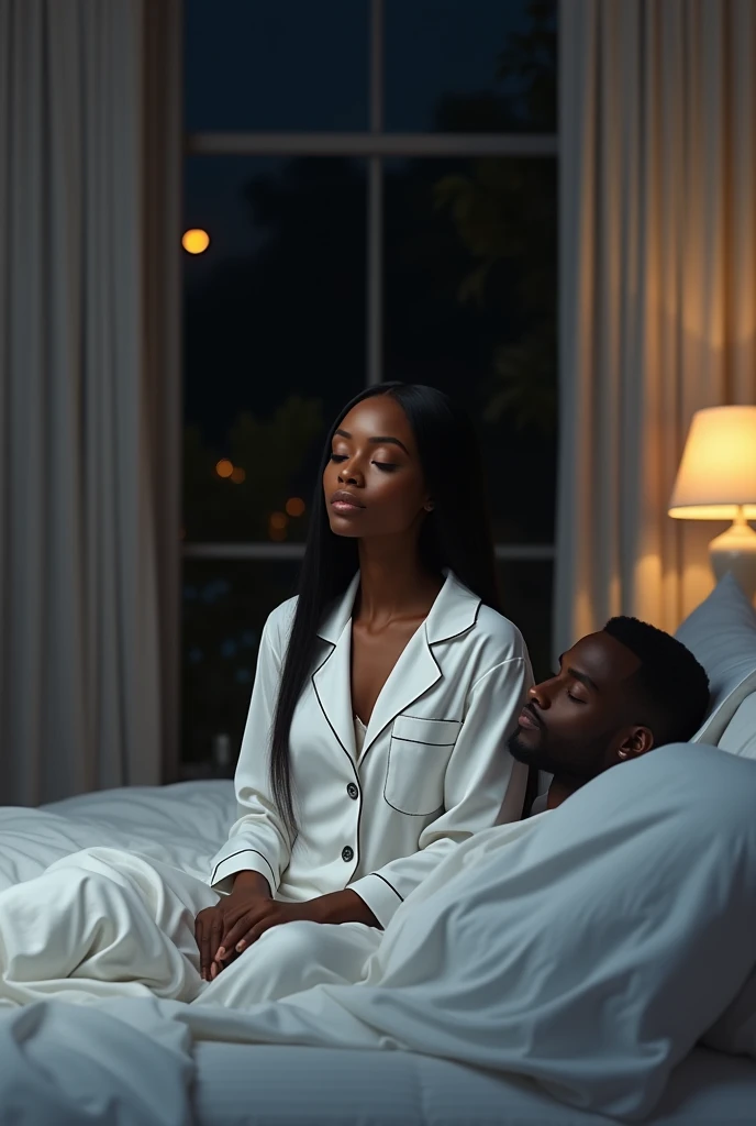 a black man and black woman laying in bed together,he caress her back while she sleeps, close scene --auto