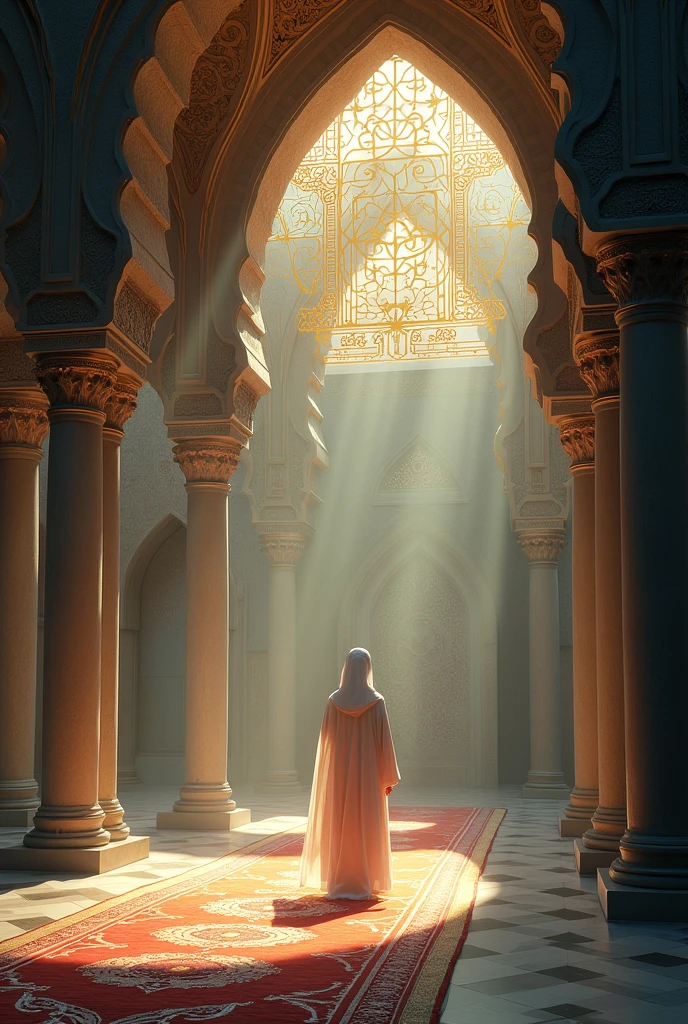 a man in front of mosque building, hight tower, golden dome, epic, fog, dawn, dramatic lighting, dim light, mountain, forest, cliff, architecture, hyperealistic, realistic, 32k, masterpiece, best quality