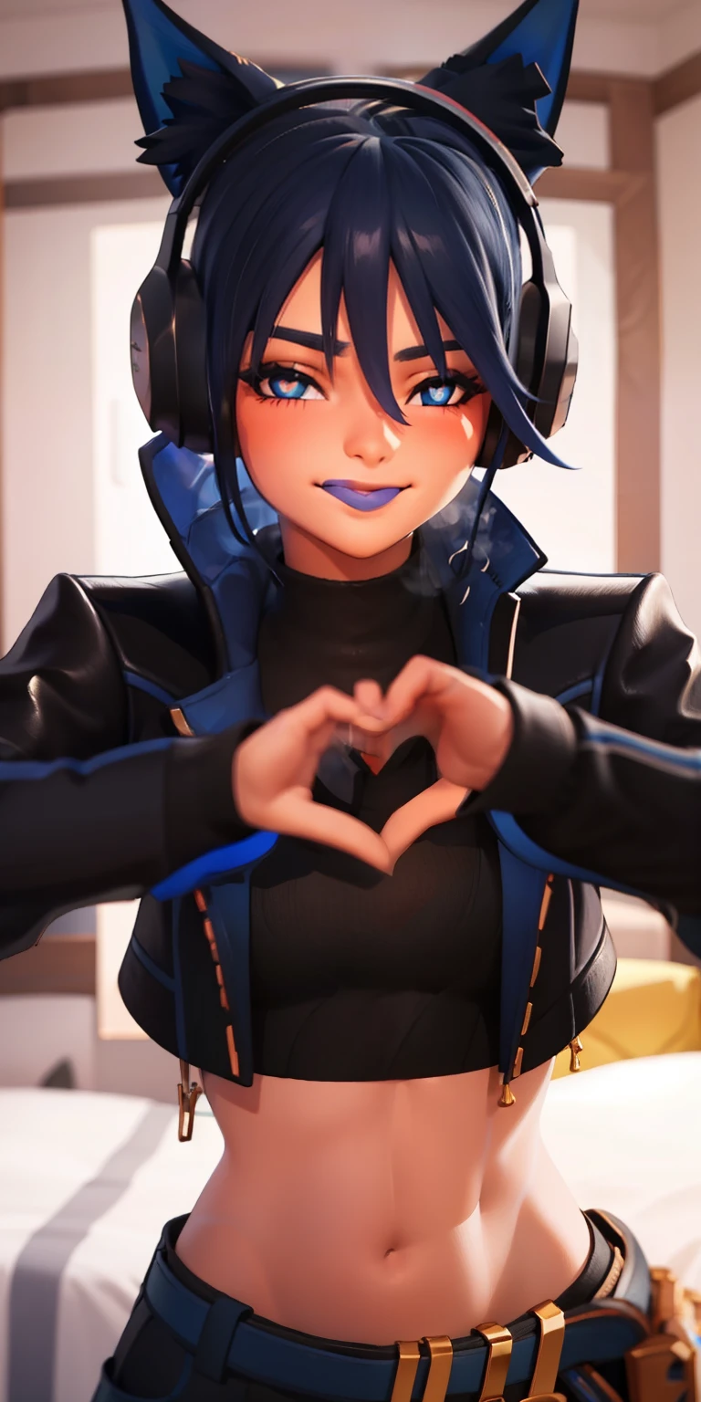 Bed, girl lying on bed, Heart-shaped_pupils, 1girl,blue hair,blue eyes, eyeshadow, (blush:1.1),upper body,trembling,(speed lines:1.1),medium breasts, ((heavy breathing:1.3)), love, heart, black jacket, jacket crop top, cat ears headphones, black crop top, Drooling, drooldrops, purple lips, ((licking lips:1.3)), smile, looking at viewer, facing viewer, 