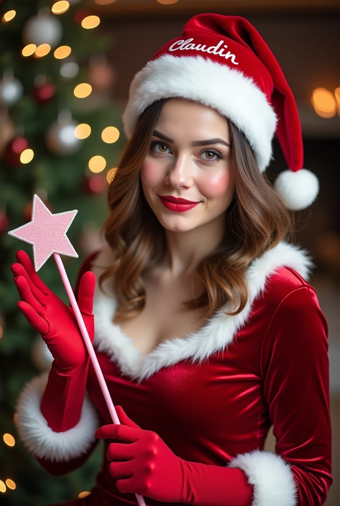 The image shows a young woman dressed in a Santa Claus outfit. She is wearing a red velvet dress with white fur trim, a red Santa hat with the name "Claudin" embroidered on it, and red gloves. She is holding a pink wand with a star on top. The background is a Christmas-themed setting with a blurred image of a Christmas tree and lights. The woman is looking directly at the camera with a slight smile on her face. The image is well-lit and the colors are vibrant. The overall impression is one of festive cheer and holiday spirit.