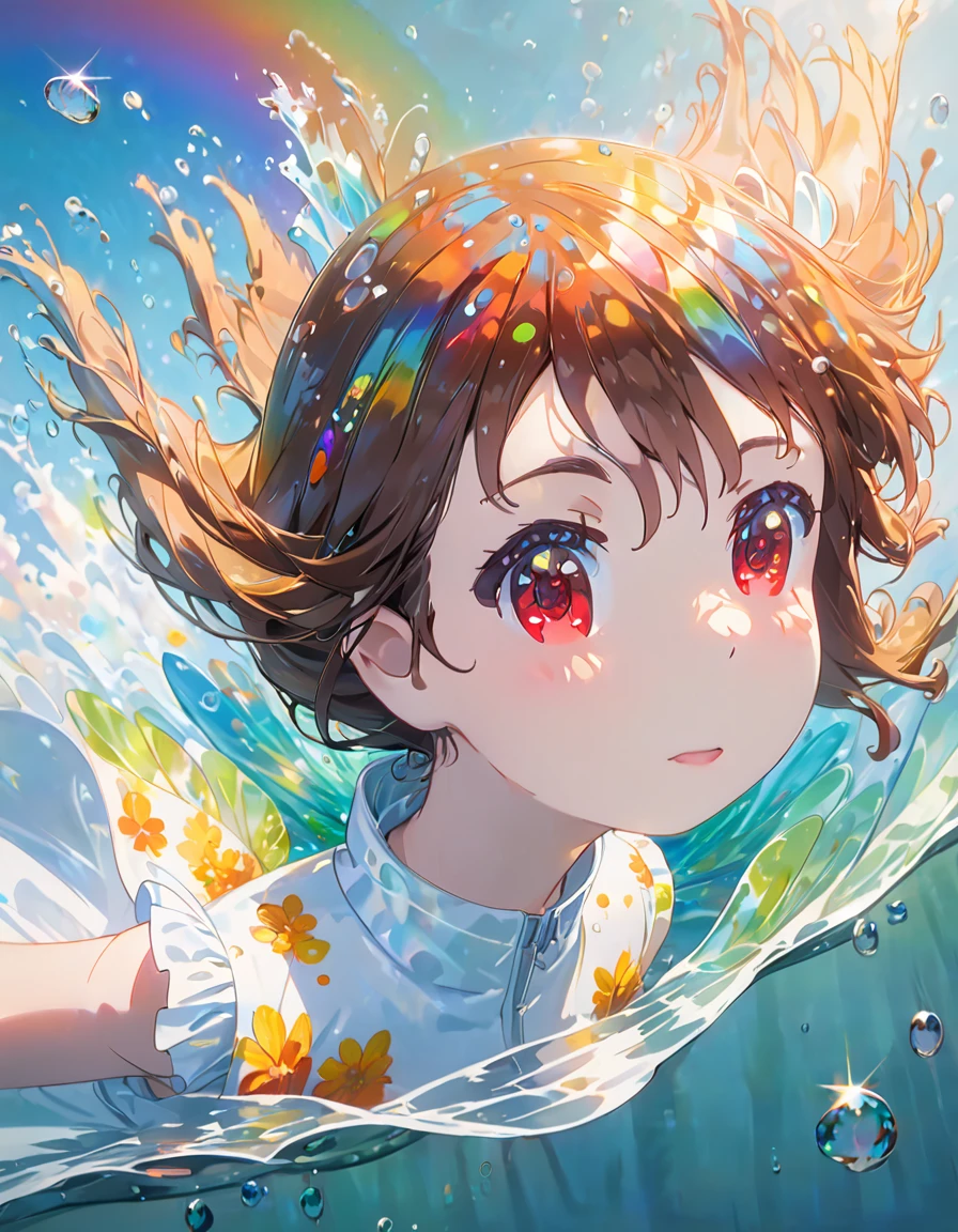 Girl swimming underwater,Ultra-detailed rendering style,Shine,yellow,green,Brush,Surreal oil painting,Shine目,Head close-up,Exaggerated perspective,Tyndall effect,Water Drop,Mother of pearl rainbow color,holographic white,Black background,