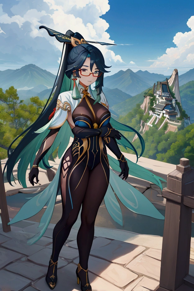 1 woman, solo, looking at viewer, xianyun, very long hair, ponytail, hair ornament, semi-rimless eyewear, earrings, black bodysuit, elbow gloves, high heels, outdoors, mountain, fantasy, scenery, sky, east asian architecture, smile, parted lips, dutch angle, legs apart, adjusting eyewear, Ultra-detailed body, (detailed body:1.3), High quality, Masterpiece, Ethereal,Ultra-Detailed,8K, divine presence, breathtaking beauty, vivid colors reflects, front view, (full body:1)