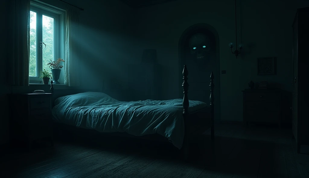 a frightening ghoul creature hiding under your bed at night, realistic