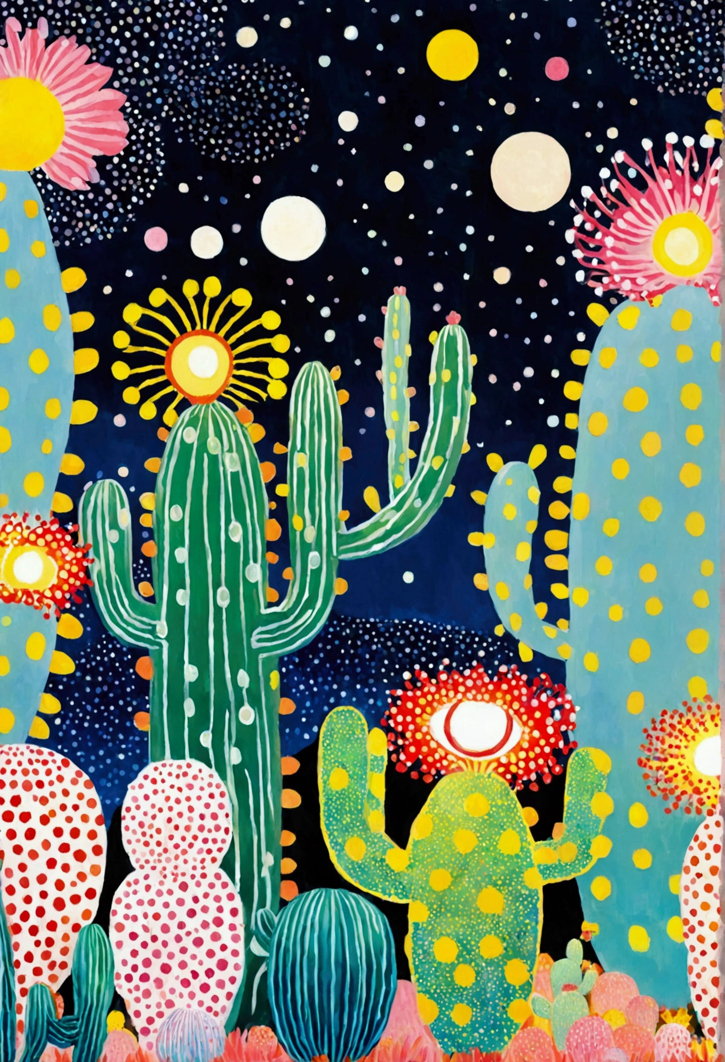 line，Dot，Blue starry sky、neon，cactus，firefly、Eye、Dreamy colors，Illustration style（Artists can refer to Yayoi Kusama）pink