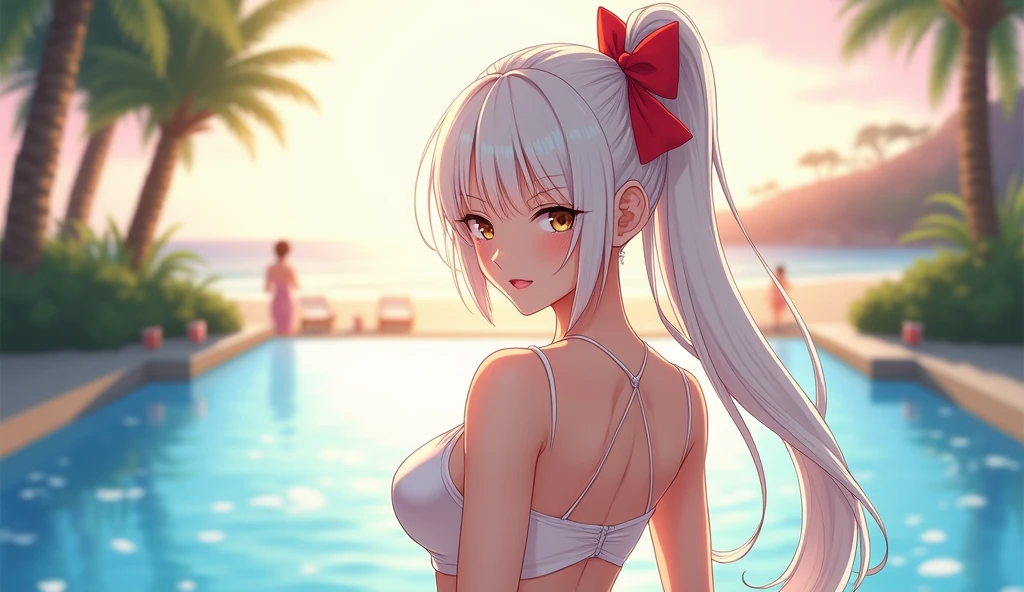 (highest quality:1.2, Very detailed, up to date, Vibrant, Ultra-high resolution, High Contrast, masterpiece:1.2, highest quality, Best aesthetics), Portraiture、girl、singer, solo, ((25-years-old:1)), Bright colors, Beautiful fine details、Beautiful lip detail、midium wave hair、red and white ((streaked hair:1.6)), highlights hair: 1.5, red eyes, slim body, meddium breast, (tan skin:1.1), ((micro bikini)), (swiming Freestyle stroke), resort pool in tropical garden, (Floral Fineline tattoo design on left arm:1), put one hand on the waist, (cowboy shot:1),