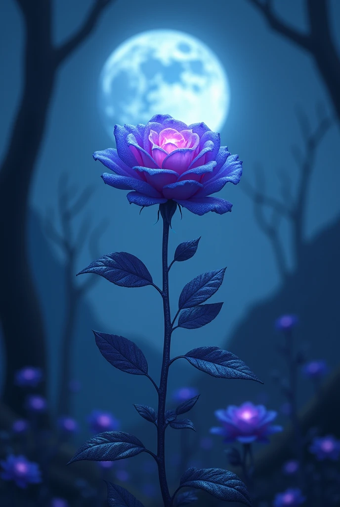 This cosmic rose is so frozen, the petals glitter with a crystalline shimmer, swirling nebulas, 8k unreal engine photorealism, ethereal lighting, Purple, nighttime, darkness