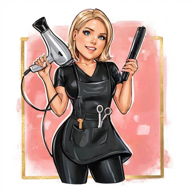 blonde bob hairstyle, black outfit, holding a hairdryer in one hand and a hair straightener in the other, scissors and comb in an apron pocket, standing pose, looking straight ahead, indoor setting, warm pink background with a golden frame, professional atmosphere, front view, detailed illustration style, 4k, 8k.