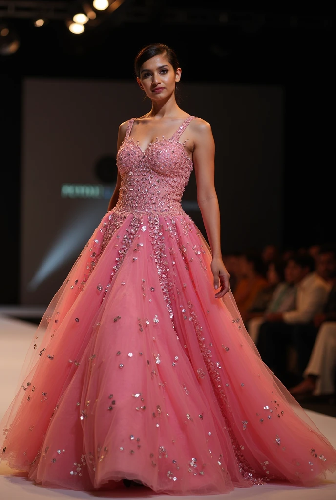Beautiful beige evening dress studded with rhinestones and beads displayed in Sanat Dizayn clothing store, written on the wall the name of the stores Sanat Dizayn looking at the viewer, viewing the name,