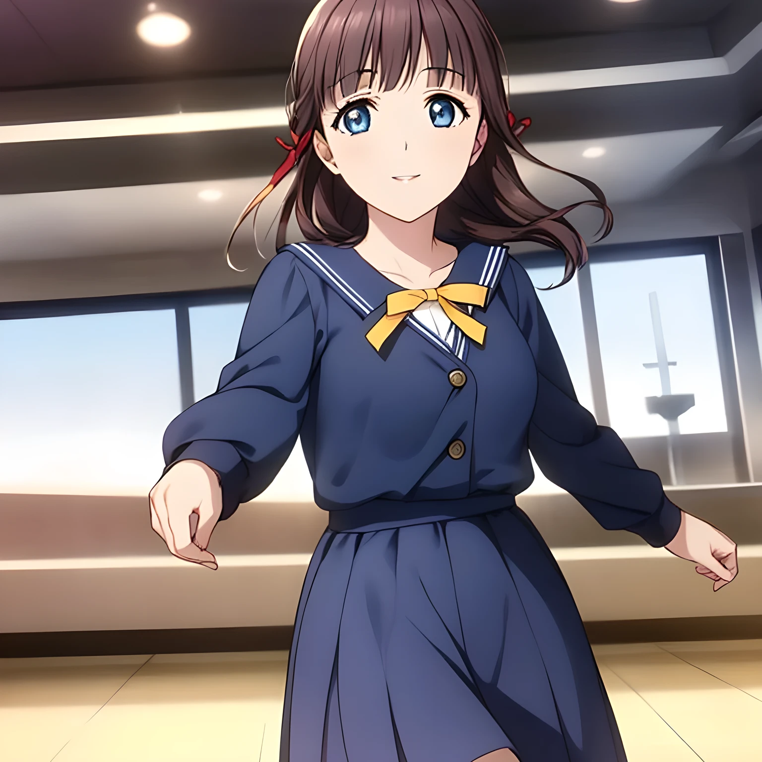 (Highest quality, masterpiece:1.2), Highest quality, High resolution, 1080P, 8k, Game heroine CG, height: 158cm, ((The heroine of the beautiful game, wearing a navy blue sailor uniform, is dancing and reaching out: 1.2)), A face everyone loves, Shiny lips, Bangs too, double, Long upper and lower eyelashes, smile blue eyes, The big, thick yellow bow tie is very cute.., ((Black Hair)), beautiful, Shiny, 長いBlack Hair, ((parallel, Neat, Dark navy pleated skirt)), (((parallel-sleeved navy blue sailor uniform for winter, All dark blue))), ((Navy blue sailor suit: 1.4)), smile, With your mouth slightly open like a game heroine, Ribbon in hair, Tight waist, The background is a blank white space, ((Blur the background)), (Beautiful eyes with detailed, looking into my eyes: 1.2)