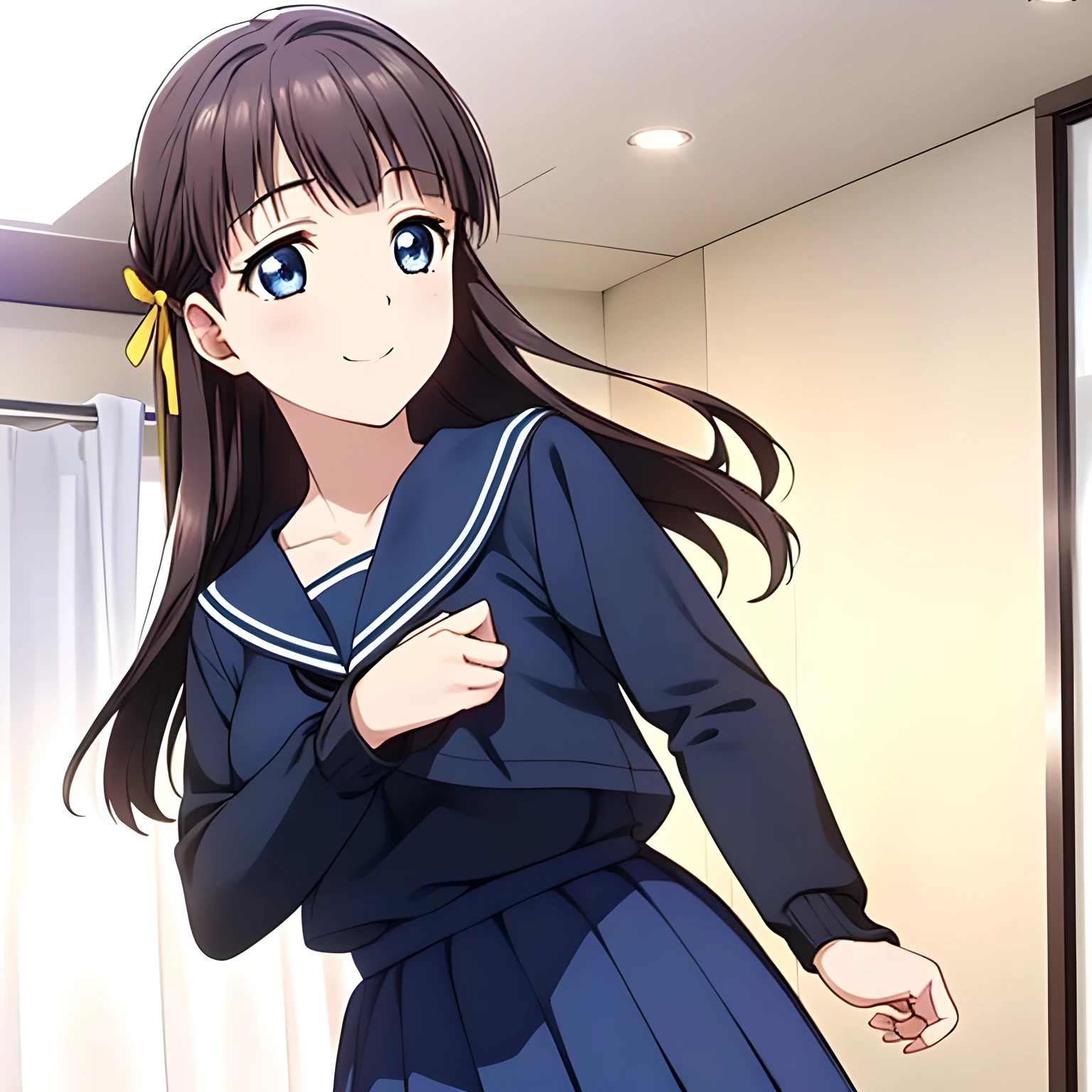 (Highest quality, masterpiece:1.2), Highest quality, High resolution, 1080P, 8k, Game heroine CG, height: 158cm, ((The heroine of the beautiful game, wearing a navy blue sailor uniform, is dancing and reaching out: 1.2)), A face everyone loves, Shiny lips, Bangs too, double, Long upper and lower eyelashes, smile blue eyes, The big, thick yellow bow tie is very cute.., ((Black Hair)), beautiful, Shiny, 長いBlack Hair, ((parallel, Neat, Dark navy pleated skirt)), (((parallel-sleeved navy blue sailor uniform for winter, All dark blue))), ((Navy blue sailor suit: 1.4)), smile, With your mouth slightly open like a game heroine, Ribbon in hair, Tight waist, The background is a blank white space, ((Blur the background)), (Beautiful eyes with detailed: 1.2)