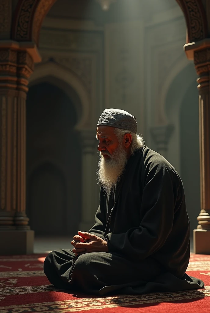 Mature muslim army man sitting in monajat all aksa mosque , contemplando um horizonte lindo com o sol se pondo, Man is in deep connection with the divine, The landscape is ultra detailed, homem ultra realista, tudo bem detalhado e lindo, ultra qualidade. Realismo 8K