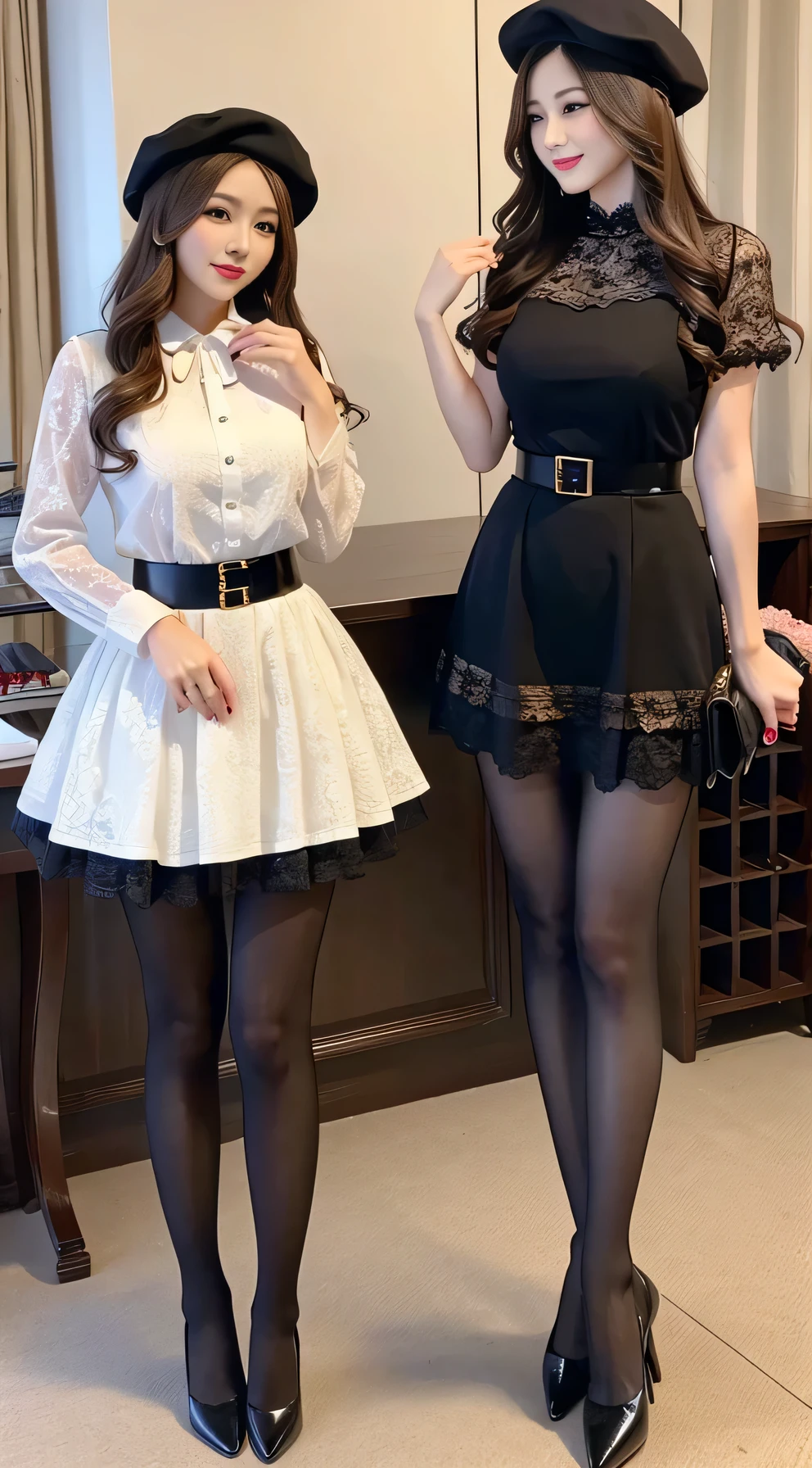 Two women in black and white dresses and hats posing for a picture ...