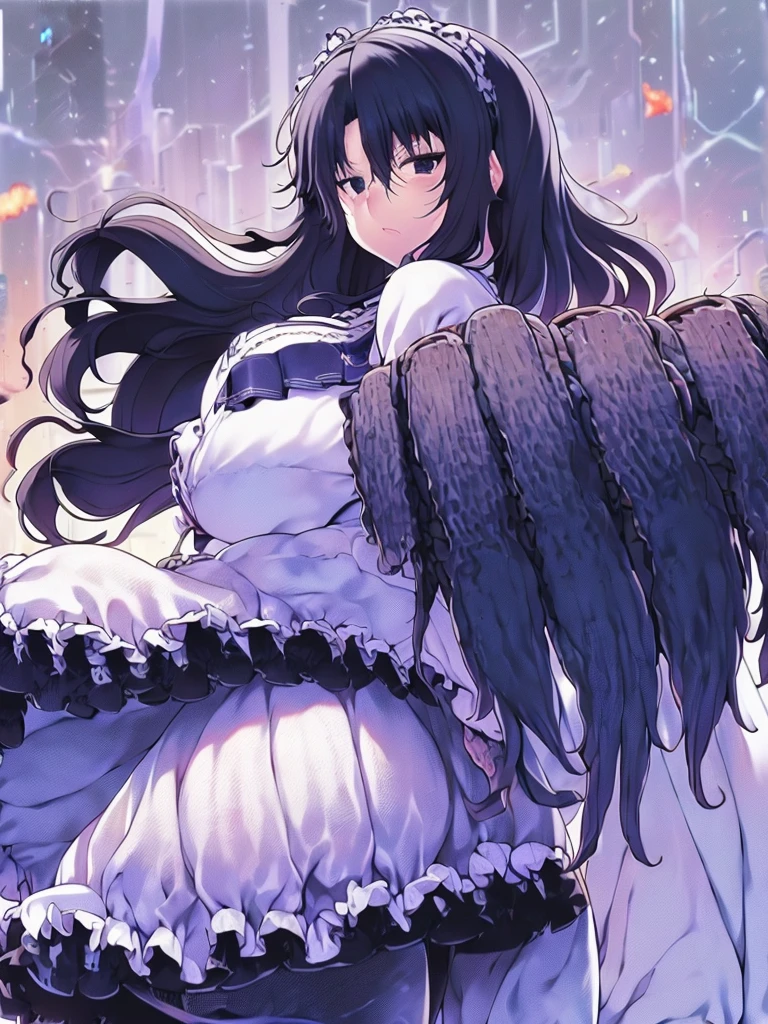 Anime, Kim kwang hyun, 1 girl, Fubuki, pale pure white skin, dead cold black eyes with shadows under them, fubuki's long wavy black hair tied in long twin tails decorated by a white ribbon, expressive Brown eyes, busty, military's uniform, large mechanical arms, mechanical hands, serious expression, large heavy mechanical arms,