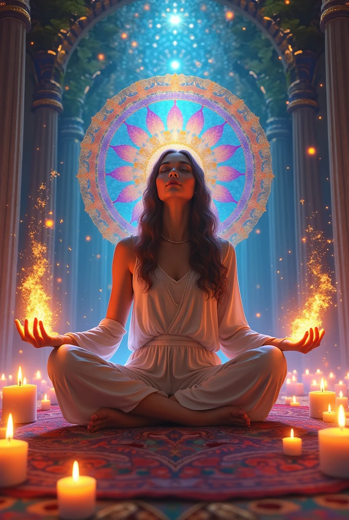a woman sitting in a lotus position with a chakrai wheel, Chakras, Ajna Chakra, Artgerm Julie Bell Beeple, deviantart artstation cgscosiety, sagrado feminino, Jen Bartel, kundalini energia, Artgerm colorido!!!, aura colorida, chakra sacral, psychedelic goddess, Aura de poder. circunstanciado, alta qualidade de imagem, dedos perfeitos, perfect feets, with light vilets in their hands