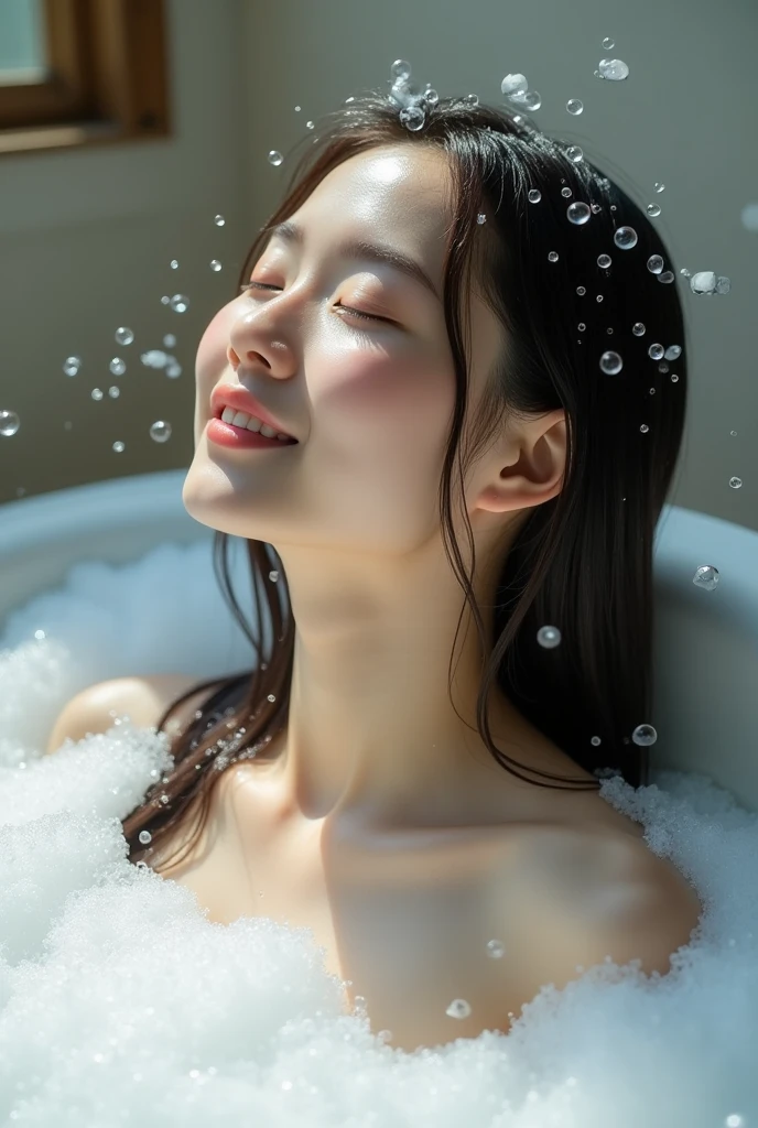 Long hair makes you look beautiful，Regular facial features，No clothes，Wash your hair with both hands on your head，Realistic bubbles，The bubbles envelop the beautiful woman&#39;s entire head.，Beautiful girl opens her eyes，The expression looks happy，Realistic and realistic，Bathroom Background，Character front position，9:16 frames，Ultra-high definition image quality、She is a 2 Japanese woman.