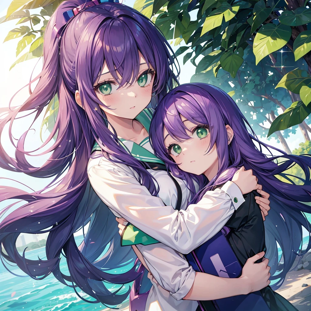 Nozomi Tojo, Nozomi Tojo, (green eyes:1.5), purple hair, medium long hair, highest quality, High resolution, Nozomi hugging a Mudkip (Pokemon)(Pokedex #0258), Mudkip surrounding Nozomi, Mudkip