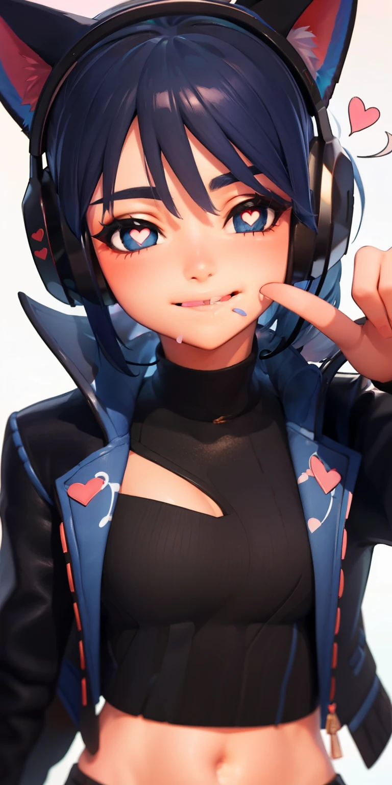 Heart-shaped_pupils, 1girl,blue hair,blue eyes, eyeshadow, (blush:1.1),upper body,trembling,(speed lines:1.1),medium breasts, love, heart, black jacket, jacket crop top, cat ears headphones, black crop top, ((licking lips:1.3)), smile, looking at viewer, facing viewer, 