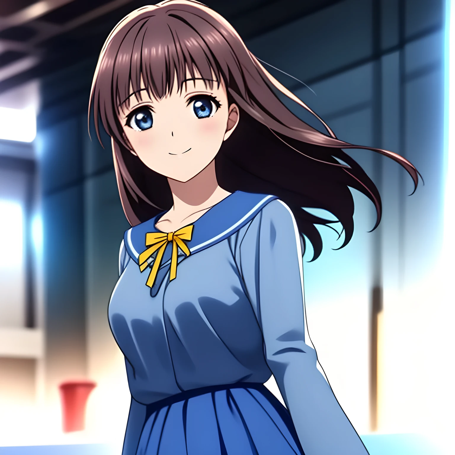 (Highest quality, masterpiece:1.2), Highest quality, High resolution, 1080P, 8k, Game heroine CG, height: 158cm, ((beautifulゲームのヒロイン)), A face everyone loves, Shiny唇, Bangs too, double, Long upper and lower eyelashes, smile blue eyes, The big, thick yellow bow tie is very cute.., ((Black Hair)), beautiful, Shiny, 長いBlack Hair, ((pararel, Neat, Dark navy pleated skirt)), (((pararel-sleeved navy blue sailor uniform for winter, All dark blue))), ((Navy blue jacket)), smile, With your mouth slightly open like a game heroine, Ribbon in hair, Tight waist, The background is a blank white space, ((Blur the background))