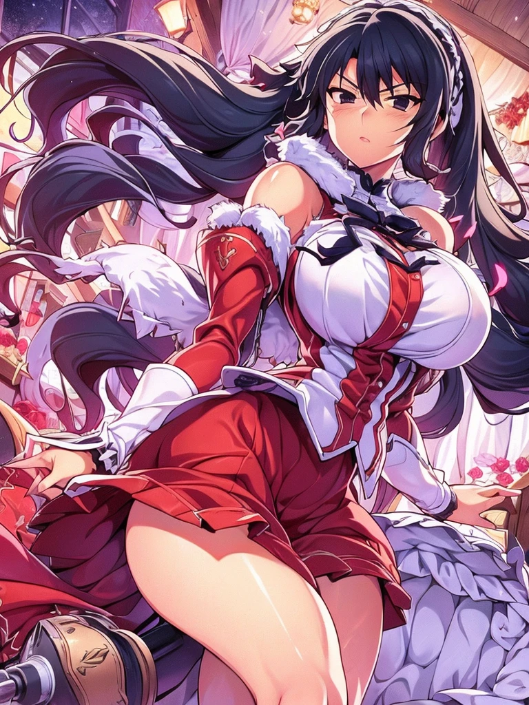 Anime, Kim kwang hyun, 1 girl, Fubuki, pale pure white skin, dead cold black eyes with shadows under them, fubuki's long wavy black hair tied in long twintails decorated by a white ribbon, large long huge twintails, expressive Brown eyes, busty, military's uniform, serious expression, large heavy mechanical arms,