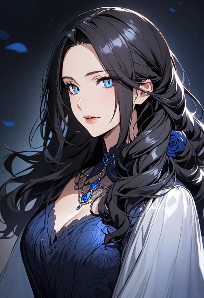 A portrait of a mature woman with very long dark purple wavy hair and drill curls, side-swept bangs, blue eyes, ligh tanned skin, wearing a black princess gown, silver tiara, inside of a dark castle