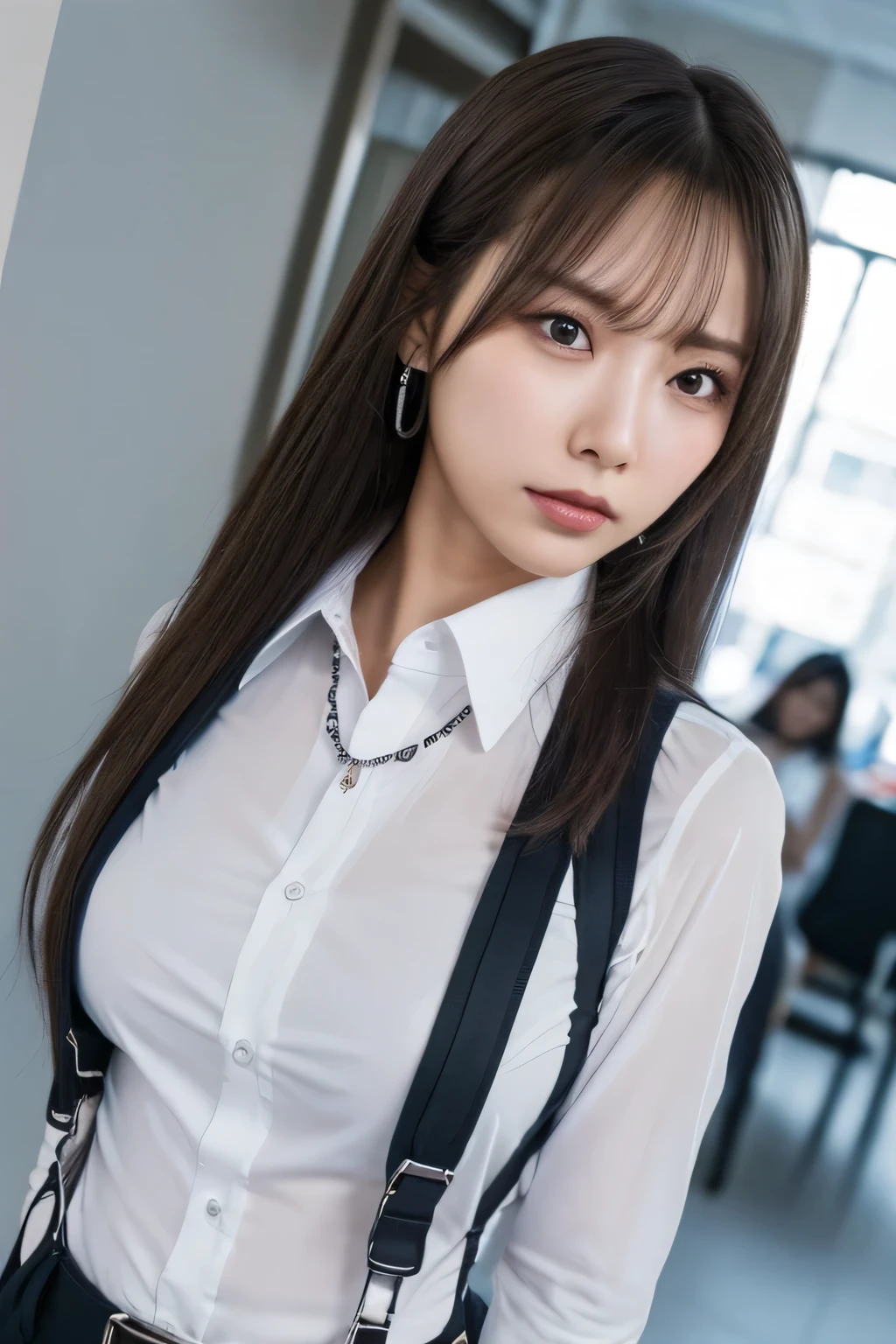 a woman in a suit, belt, hands behind back, sweating, suspenders, black pants, sexly, large breasts, see-through clothing, rain, detective, office worker, white button-up shirt, (best quality,4K,8k,highres,masterpiece:1.2),ultra-detailed,(realistic,photorealistic,photo-realistic:1.37),hyper-detailed,highly detailed face and body, Slender　thin　suspenders　Moderate breasts　See-through shirt　Nipples　holster　chain　Pistol　Armament　criminal　Female criminal　knife　japanese　profile　Japanese women　arrested handcuff　belt
