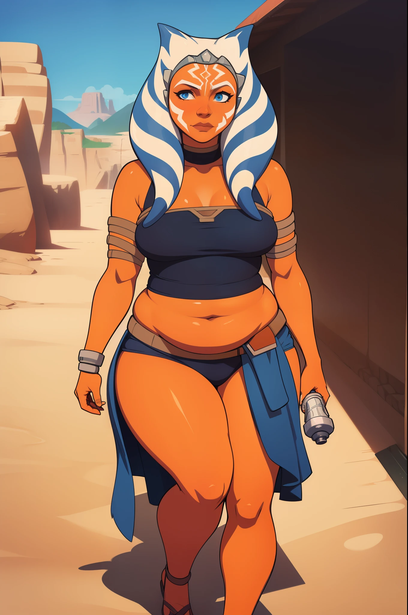 1girl, Ahsoka Tano, small smile, orange skin, chubby, adult, curvy, long montrals, long lekku