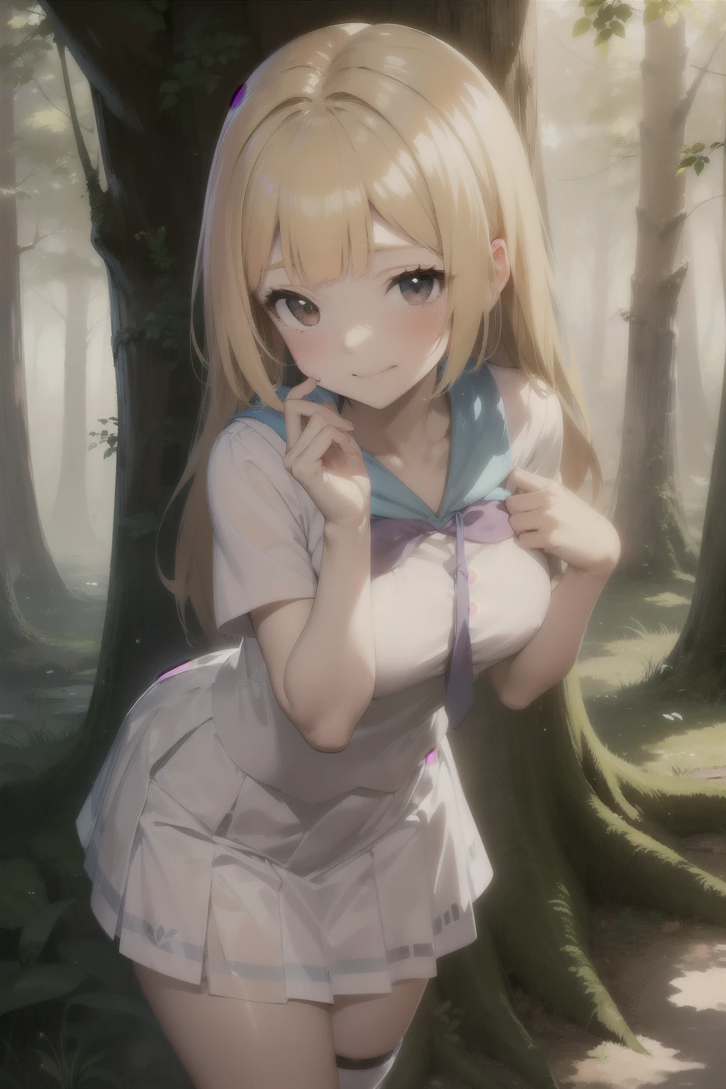 Anime style, pokemon , lile  , blonde hair  ,childshi body ,  smug face smile , blush ,white  dress, lifting her skirt showing pantie,  forest , shushing pose. 