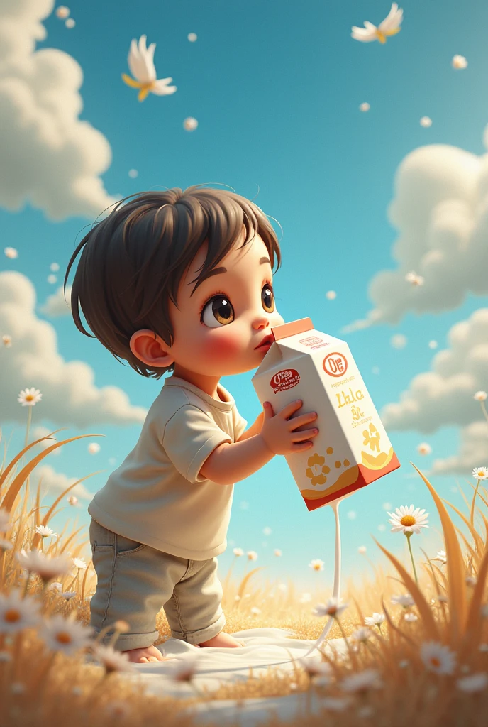 There was a young boy drinking from a cup, children，'s, toddlers，, children，blue sky with white clouds，,The child, shutterstock, very thirsty, close up portrait shot, toy commercial photo, photo taken with nikon d750, photo taken with nikon d 7 5 0, ???, cute:2, biological, lovable, funny, little ???，comic