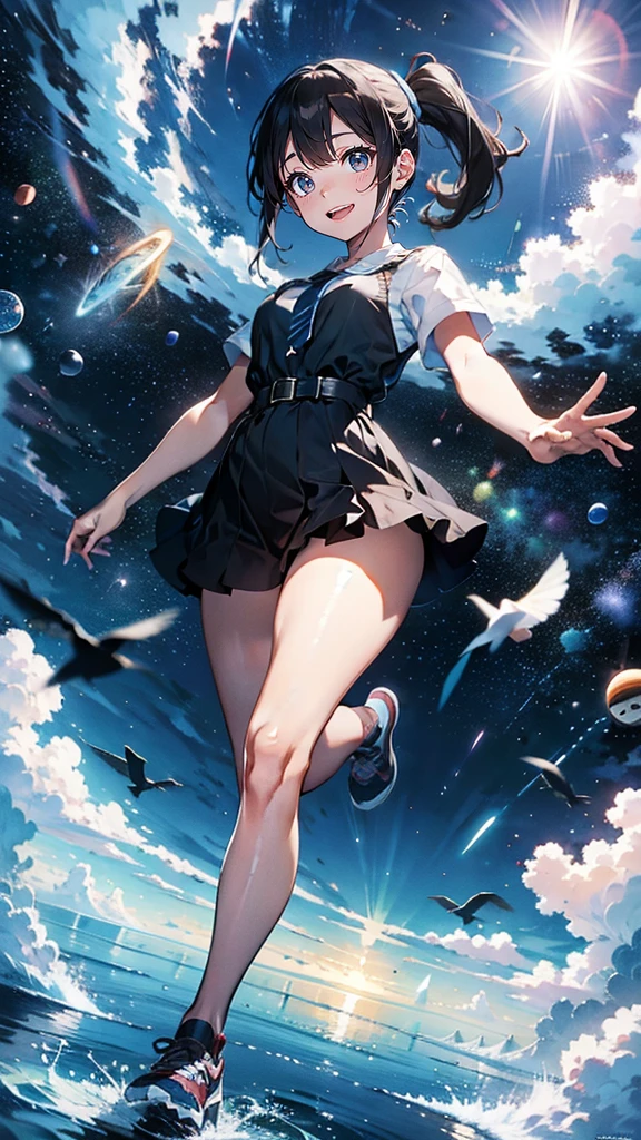 2D anime, space, one girl, long black hair, blue eyes, handmade