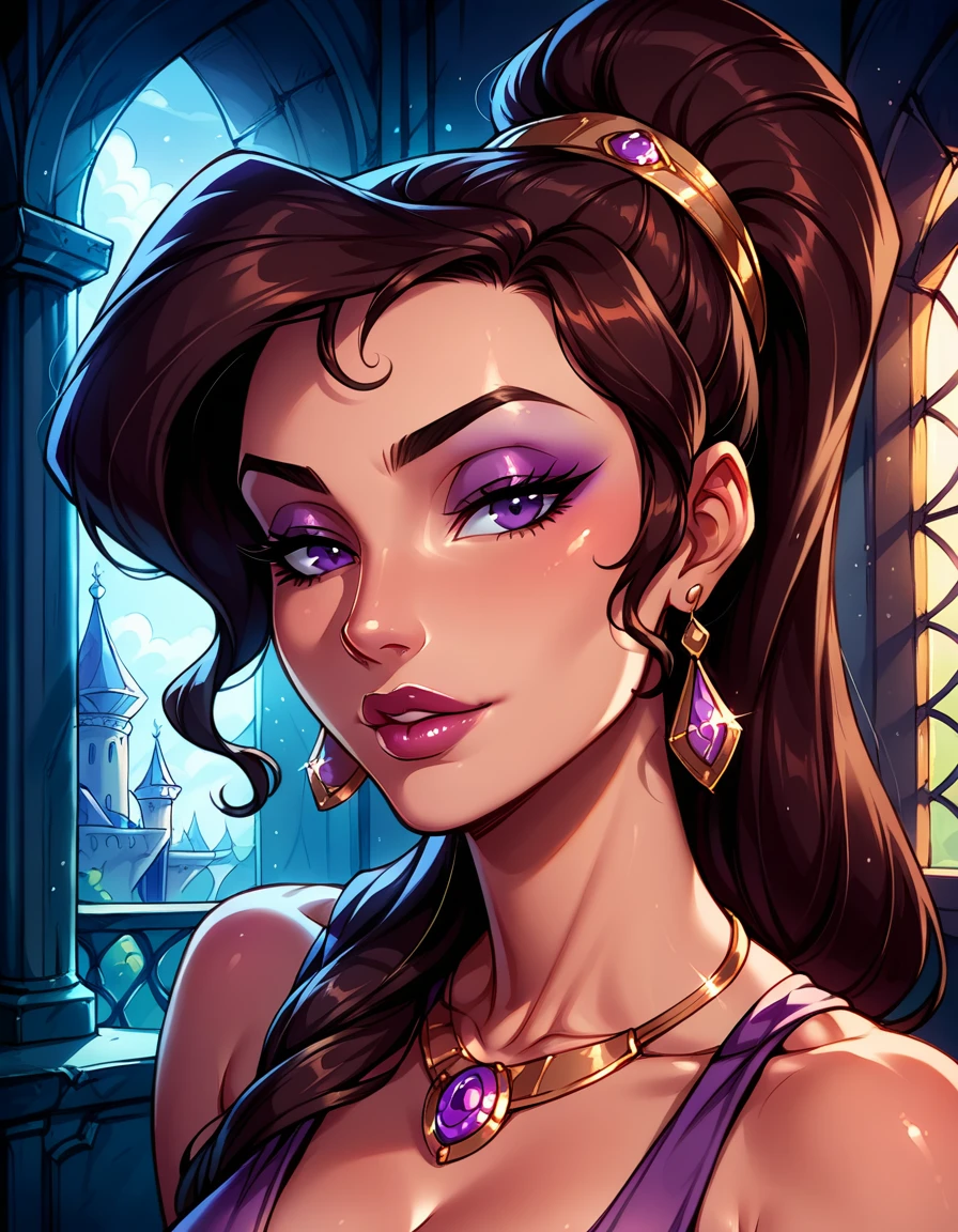 Dark Fantasy Art of score_9, score_8_up, score_7_up, rating_questionable, fantasy, lighting, epiCPhoto 1girl, very sexy Disney's Megara, m_ra, brown hair, purple eyes, ponyail, solo, cute, flirt, gaze, sexy look, half-closed eyes, head tilt, filled lips, thick lips, makeup, face portrait, modelling shoot, sexy pose, fantasy palace setting, dark, moody, dark fantasy style