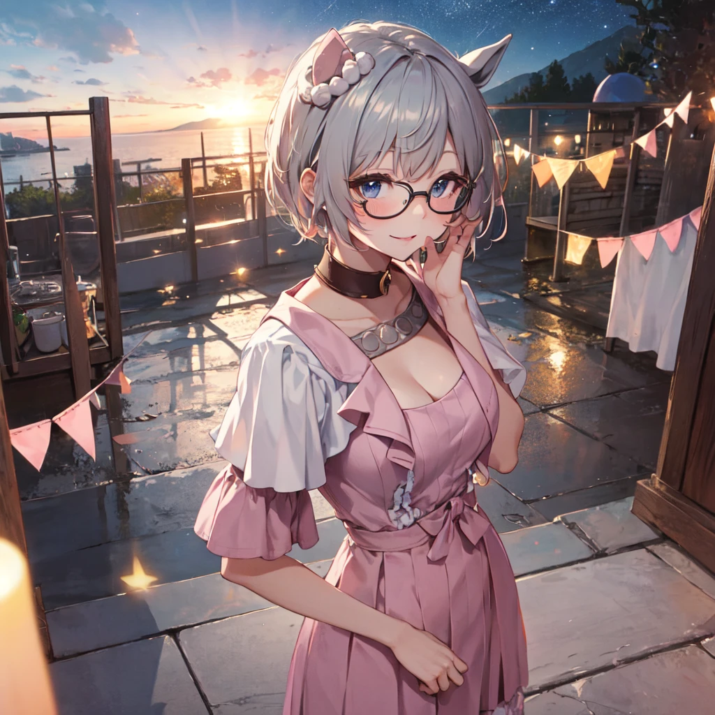 (solo)、Lonely、One person。masterpiece、uhd、Highest quality、High resolution、4 K。Dramatic Angle、Shot from above、Upper Body Shot、Chest centered。(Horse ear woman)、Wearing pink glasses、Light pink lip、Thin teak、looking at the camera、Open your mouth、smile、Glamour body。Pink pretty dress、Short sleeve、Pink winter knitted sweater、(Milk tent、Breast Curtain)、barefoot。(Spread your knees)、Hands folded behind your hips。Starry Sky、hill
