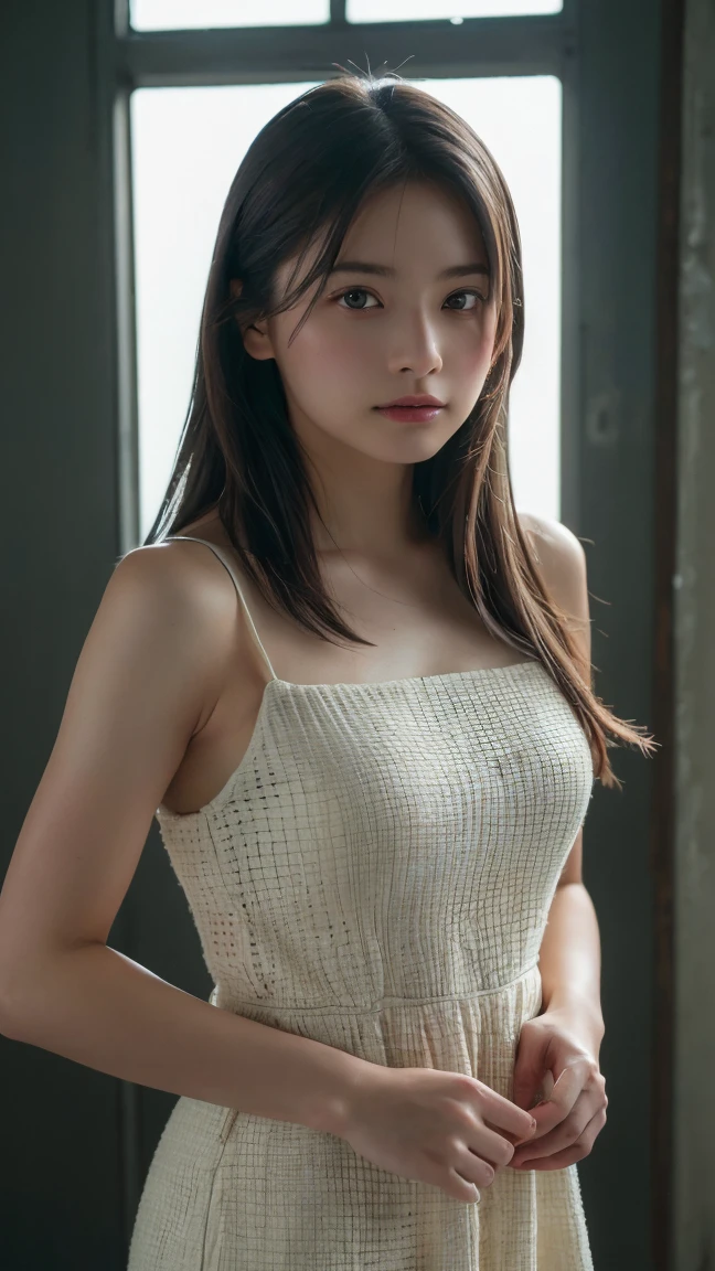 1girl, woman, masterpiece, best quality, highest quality, cinematic lighting, (volumetric lighting), extremely detailed CG unity 8k wallpaper, focused, 8k wallpaper, extremely detailed, ultra realistic, photorealistic, sharp focus, absurdres, (HDR:1.2), (high contrast), photograph, detailed and intricate, instagram, portrait, highly detailed, digital painting, artstation, concept art, smooth, sharp focus, illustration, cinematic lighting, ((eyes looking at the viewer)), ((medium shoulder)), (slender body), ((height 165cm)), (HQ skin:1.4, Realistic human body structure), (Half body shot), (wearing knit strap tank top, micro pants), ((leaning on a wall)), ((Long hair)).