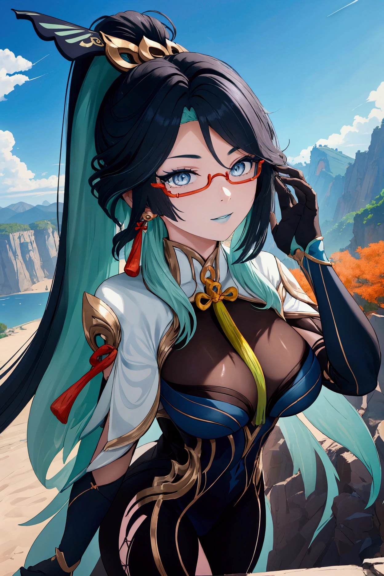 1 woman, solo, looking at viewer, xianyun, gorgeous, (perfect eyes:1), beautiful eyes, beautiful face, (perfect face:1.3), Ultra-detailed face, (detailed face:1.3), sexy face, very long hair, ponytail, hair ornament, semi-rimless eyewear, earrings, black bodysuit, elbow gloves, high heels, outdoors, mountain, fantasy, scenery, sky, east asian architecture, smile, parted lips, dutch angle, legs apart, adjusting eyewear, Ultra-detailed body, (detailed body:1.3), High quality, Masterpiece, Ethereal,Ultra-Detailed,8K, divine presence, breathtaking beauty, vivid colors reflects, front view, (full body:1)