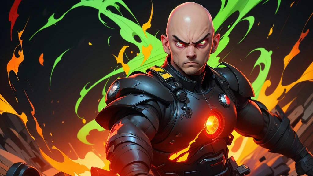 Full body, bald man, 30yo, black suit, red shoes, digital art, vibrant colors, judge, flaming red eyes, Expression of fear in front of a green and yellow beam of light, high quality, high definition, cartoon style, caricature