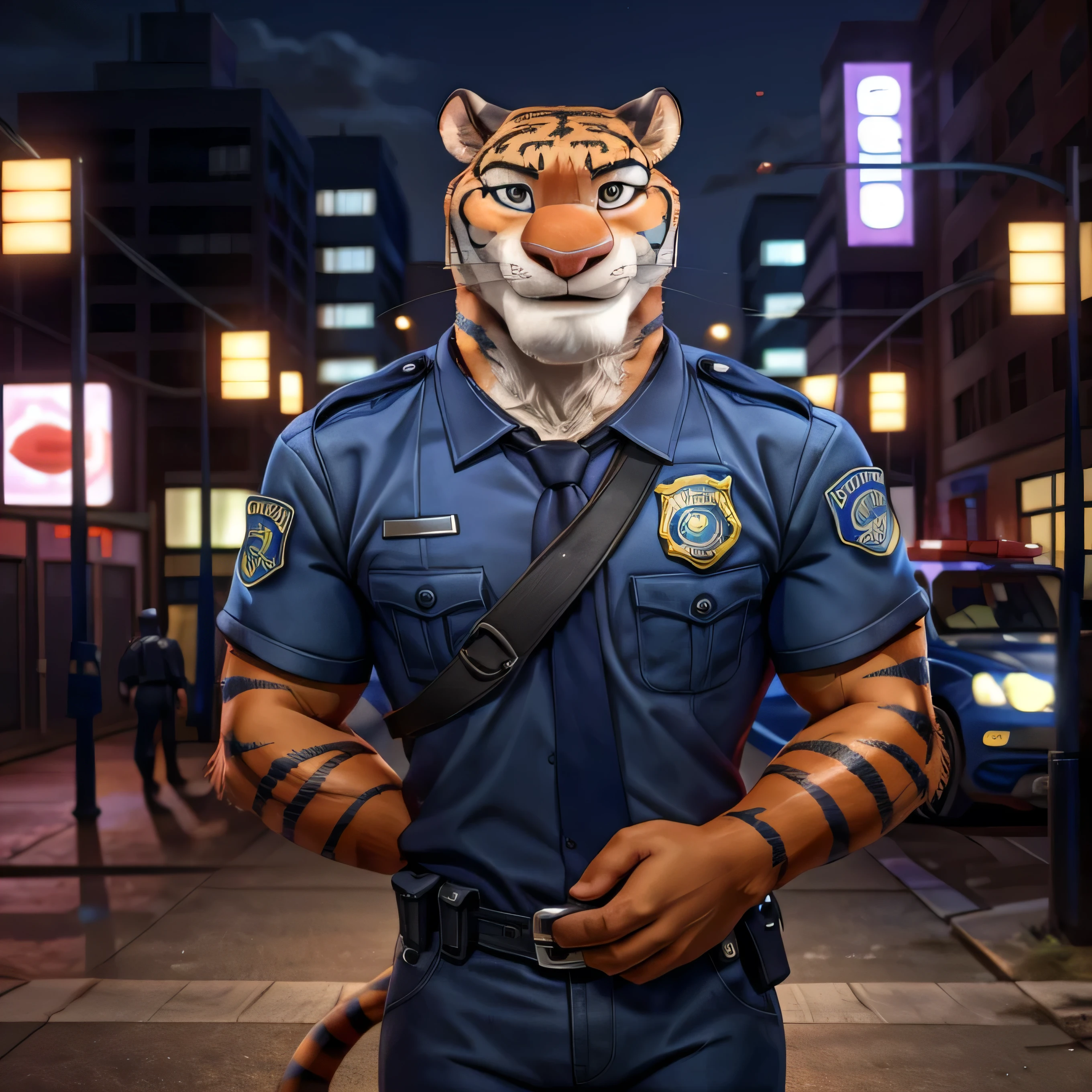 Zootopia cartoon, furry tiger police officer Fangmeyer, tall, slender, handsome, extremely beautiful and cute face, muscular body, gentle look, blue police uniform, sexy, hot, cute smile, standing around police car, streets background