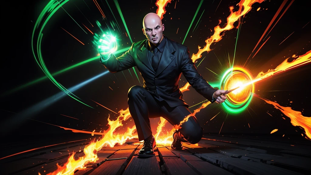 Full body, bald man, 30yo, black suit, red shoes, digital art, vibrant colors, judge, flaming red eyes, Expression of fear in front of a green and yellow beam of light, high quality, high definition, cartoon style, caricature