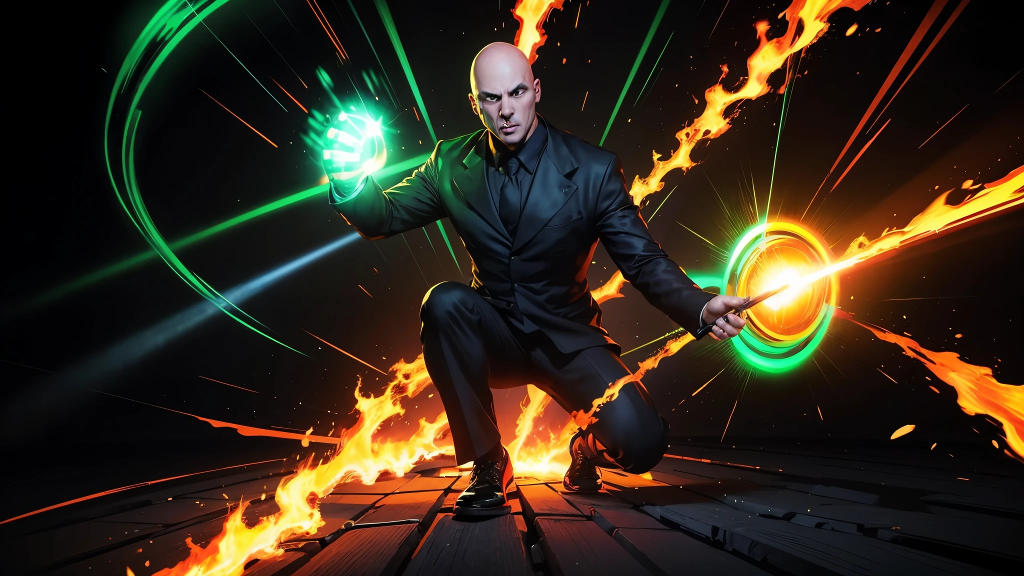 Full body, bald man, 30yo, black suit, red shoes, digital art, vibrant colors, judge, flaming red eyes, Expression of fear in front of a green and yellow beam of light, high quality, high definition, cartoon style, caricature