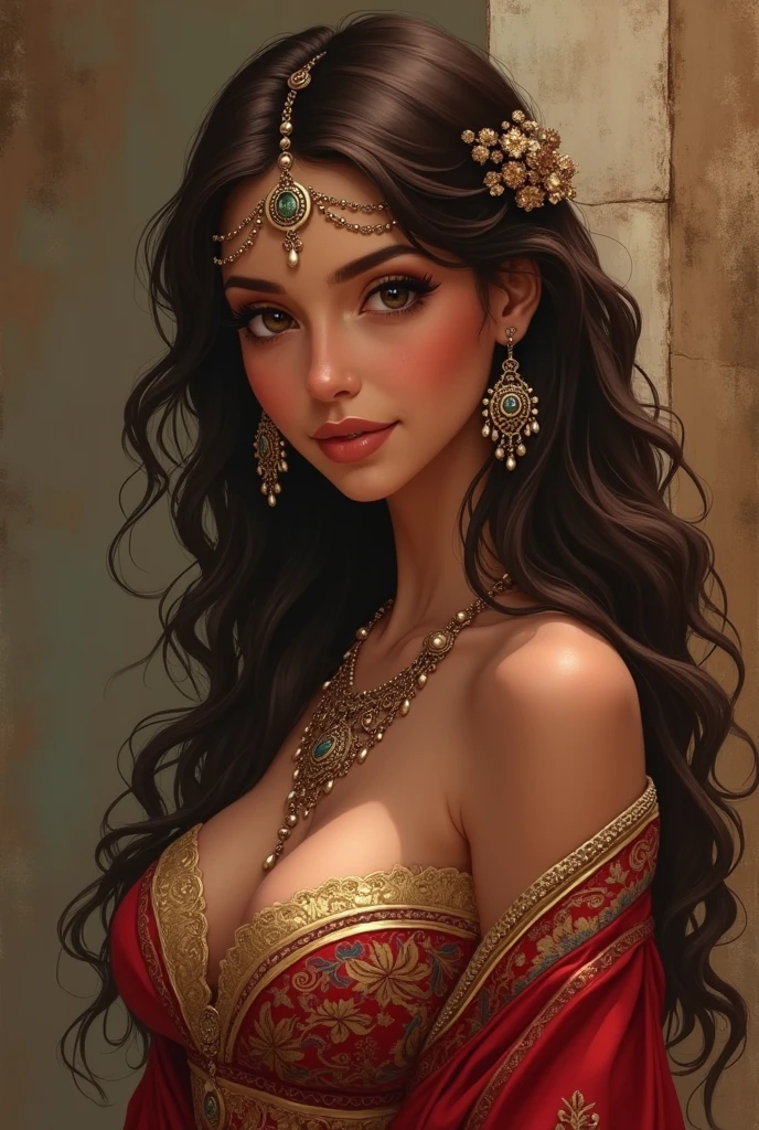 1 girl in, 20 year, standing alone, long hair, Indian, looking ahead at viewer, hair Brunette, bared shoulders, greeneyes, jewerly, whole body, a necklace, off the shoulders, Saree, realisitic, A sexy, big boobies