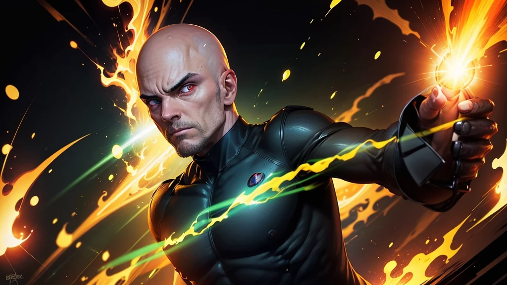 Full body, bald man, 30yo, black suit, Expression of fear in front of a green and yellow beam of light, digital art, vibrant colors, judge, flaming red eyes, high quality, high definition, cartoon style, caricature