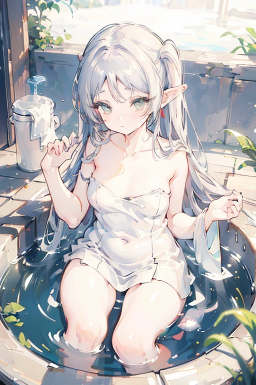 (((I want a solitary Elf Woman, Long white hair, serene green eyes, brown skin, mature body with full breasts and slim waist, taking a bath in a bathtub with hot water)))