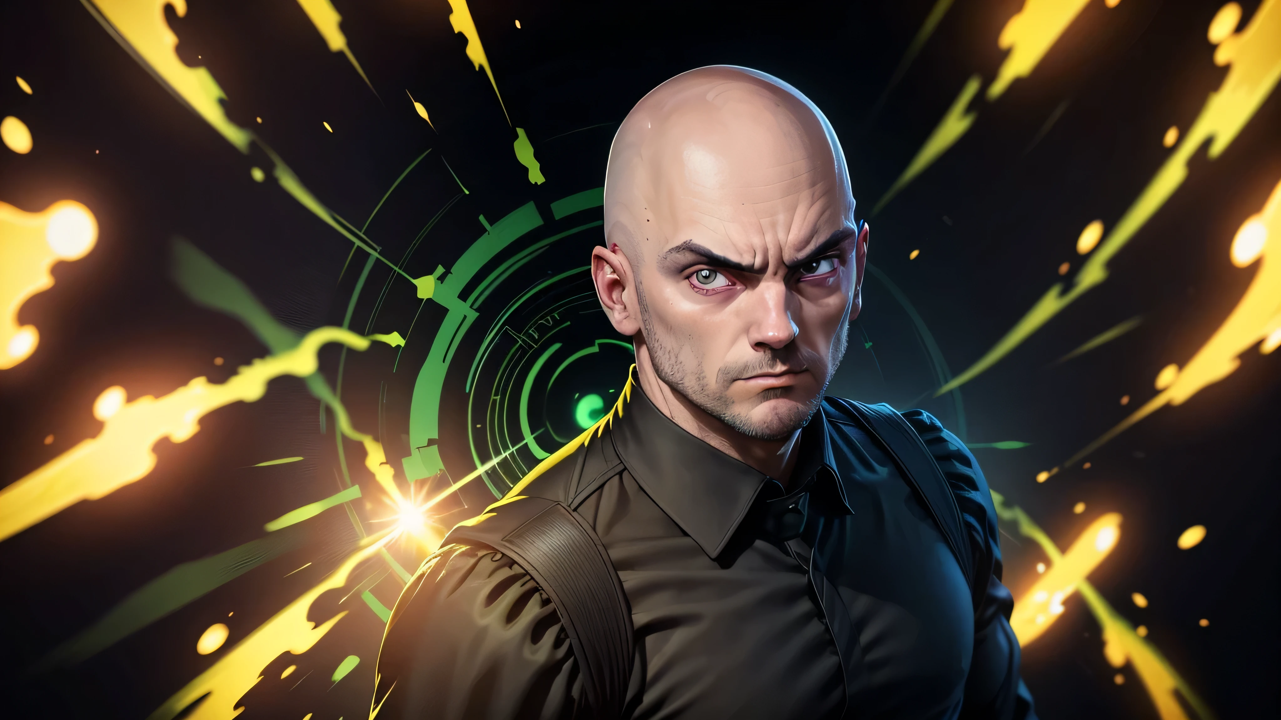 Full body, bald man, 30yo, black suit, Expression of fear in front of a green and yellow beam of light, digital art, vibrant colors, judge, flaming red eyes, high quality, high definition, cartoon style, caricature