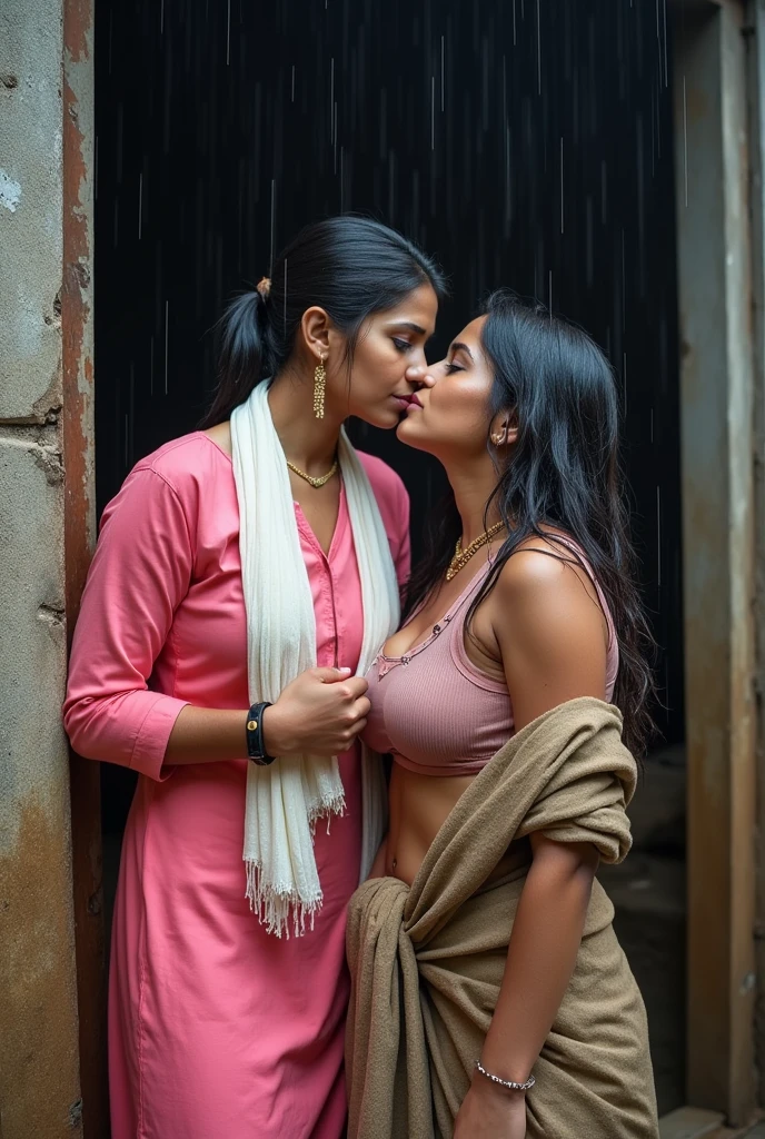 2girls, 18 year old Indian lesbian slut, 1 girl groping large breast of another girl on street, topless, micro shorts, kissing from behind, sweat, saliva, raining, body dripping water