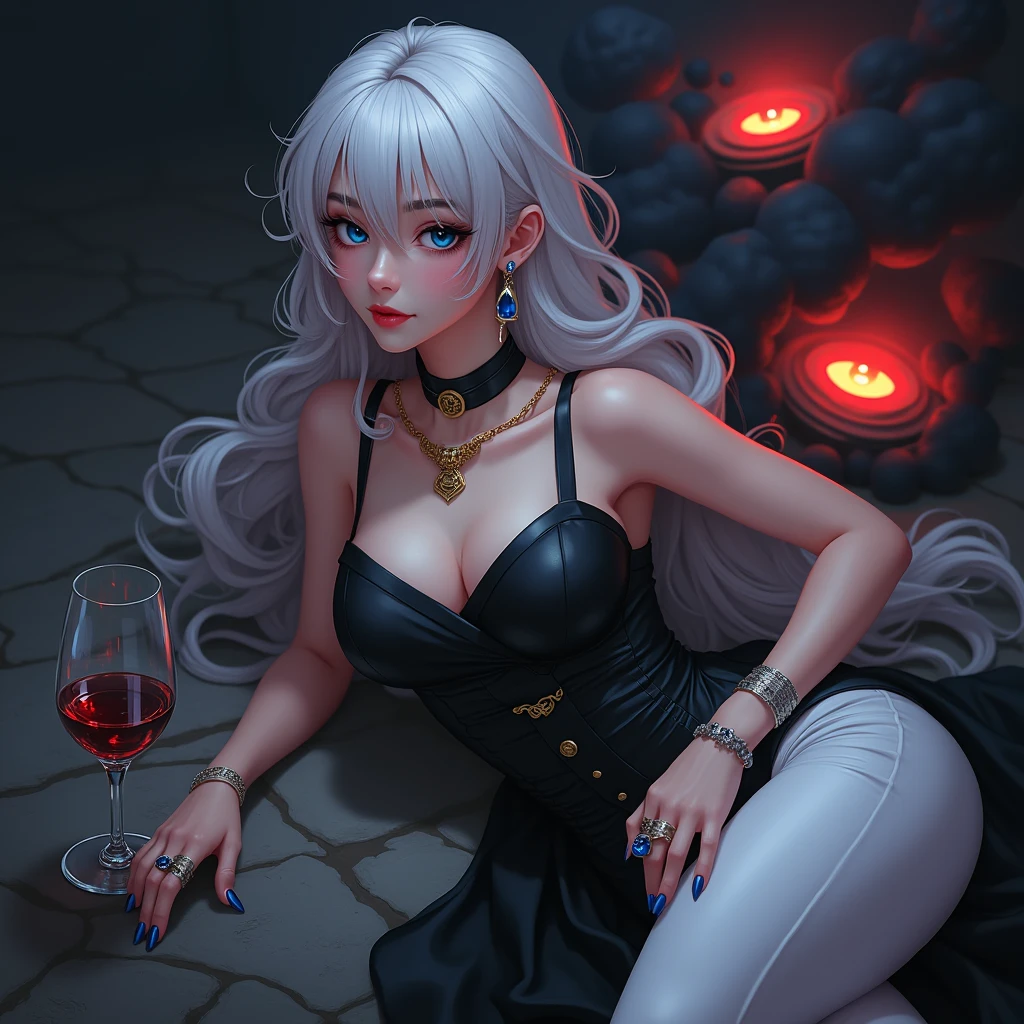 A young female vampire, beautiful, in a silver gown, holding a glass of wine in her hand. --auto --s2