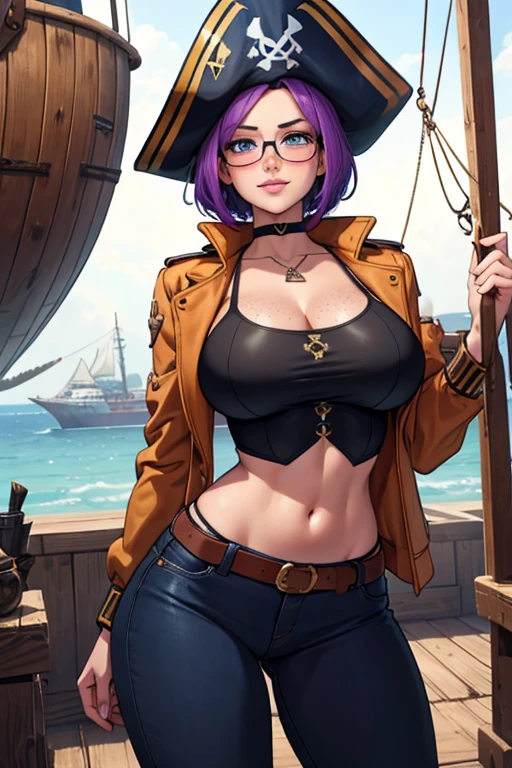 1 person, solo, medium length hair, chest, blue eyes, huge breasts, cleavage, purple hair, tanned skin,
pirate, hat, pirate hat, miniskirt, boots, knee boots, revealing outfit
sea, ship, on a ship, on a pirate ship, on deck