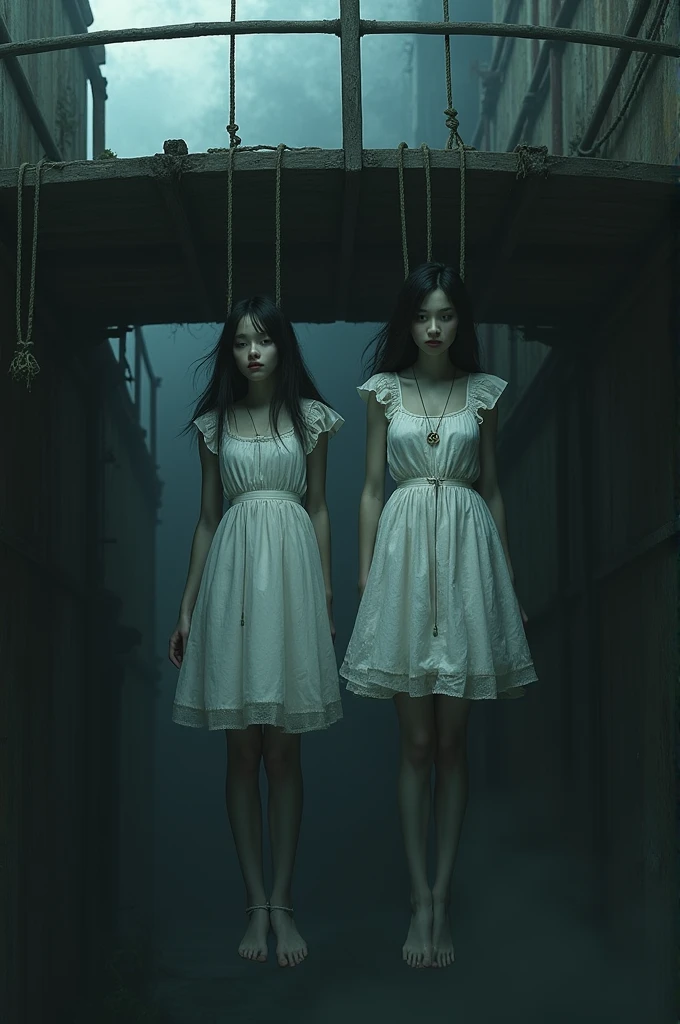 Scene Two Girls in White Thigh High Stockings Hanged, gallows, stand on chair
