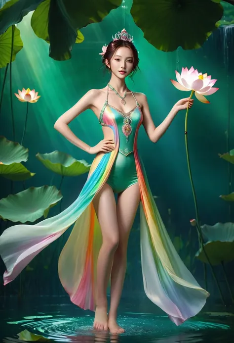 (((beautiful goddess)))，standing barefoot on a large lotus in the water，（（（the skin is green））），hand seal，crown，necklace，yingluo...