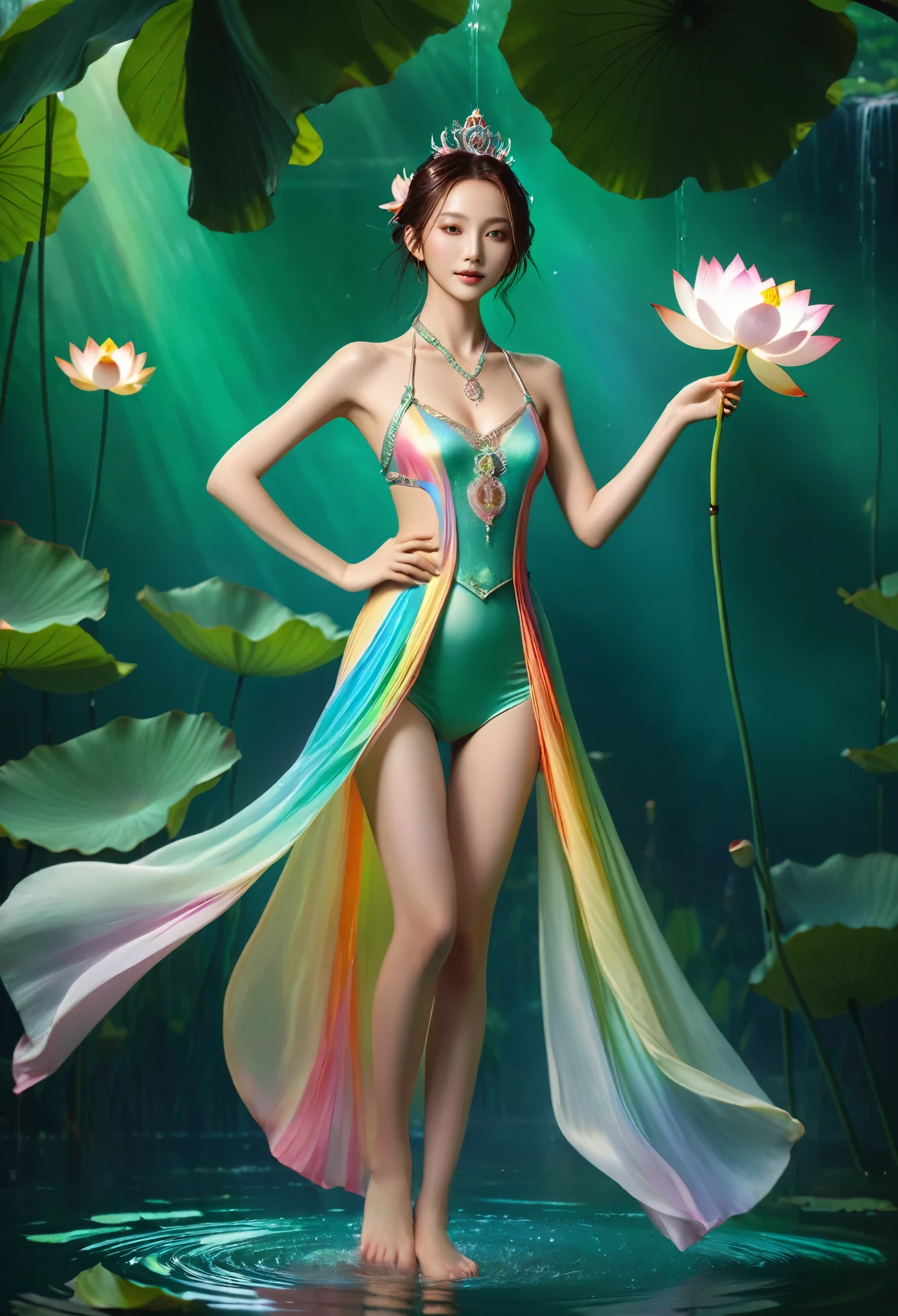 (((Beautiful goddess)))，Standing barefoot on a large lotus in the water，（（（The skin is green））），hand seal，crown，necklace，Yingluo，The ribbon flutters on him，Beautiful and delicate facial features，rosy, Smooth and delicate skin，Shoulder-length hair，barefoot，Perfect hands，Perfect feet，There is a circle of light behind the body，Full body front lighting，Radiant body，There are no shadows on the body，Clear skies，Rainbow in the sky，The wind blows the skirt，Characters shine，Depth and spatial hierarchy，Bright sky，glow，flame，Clean picture background、flat，Unique perspective，masterpiece，lifelike，Professional photography